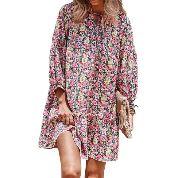 Kirundo Floral Print Babydoll Tent Tiered Mini Dress Pinm White Green Large - Picture 2 of 12